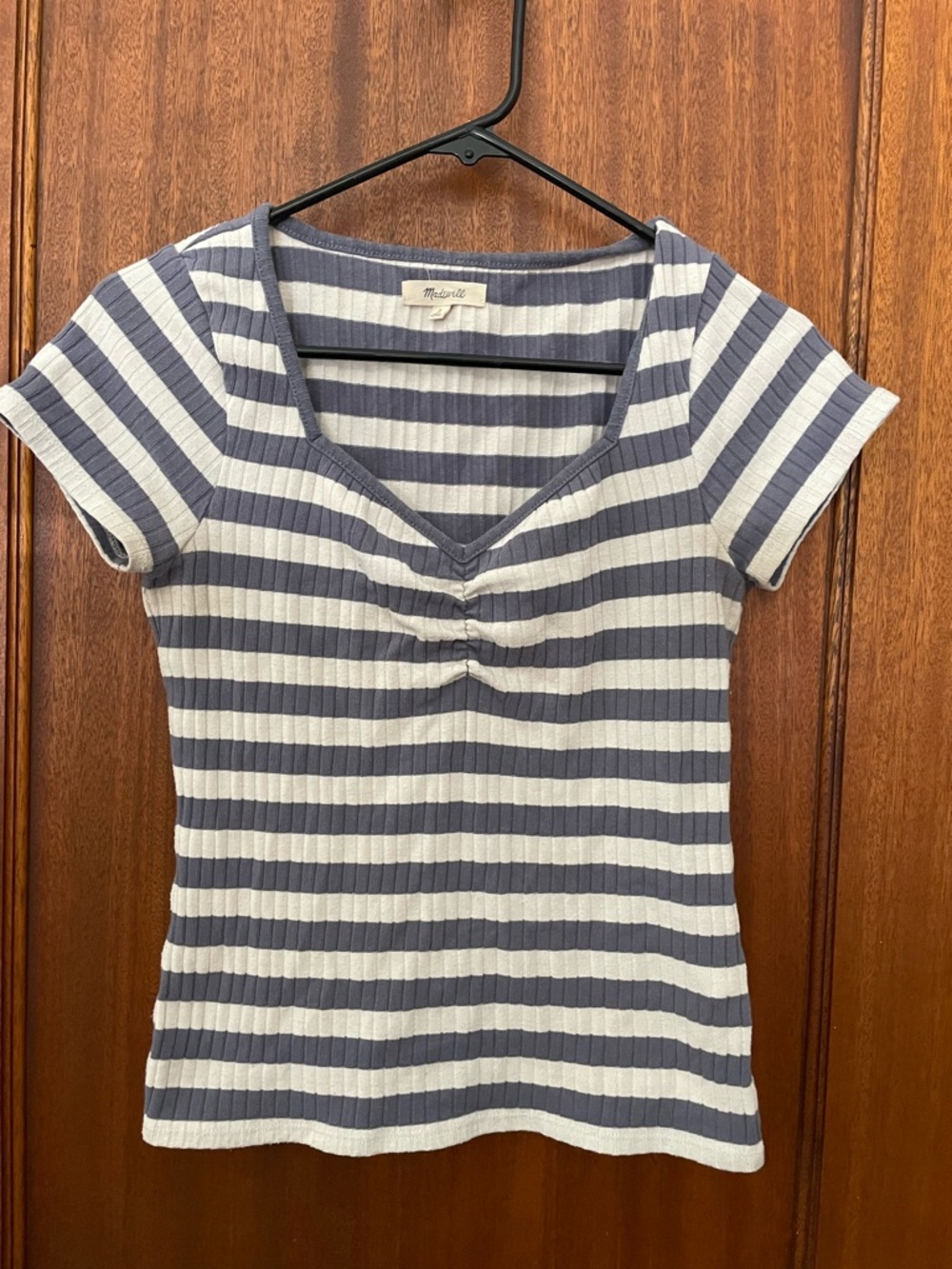 Madewell Striped Ribbed V-Neck Tee in Blue and White